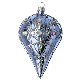 Pallina goccia azzurro specchio strass vetro soffiato 12x8 cm