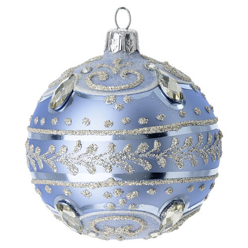 Matte blue Christmas bauble, 3 in, blown glass with silver decorations and stones 2