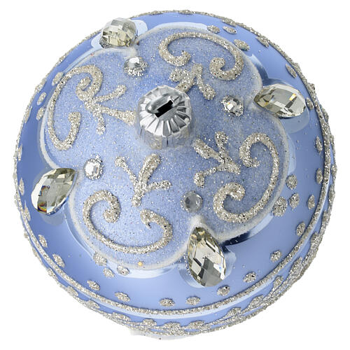 Matte blue Christmas bauble, 3 in, blown glass with silver decorations and stones 3
