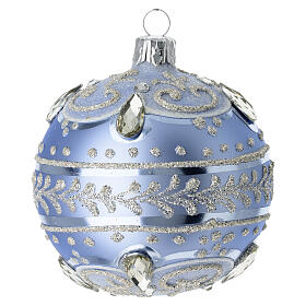 Matte Blue Christmas Bauble Blown Glass 80 mm Silver Decorations and Stones