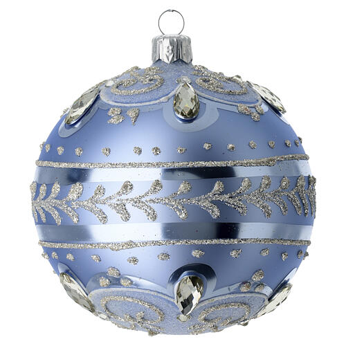 Boule de Noël bleu mat 100 mm verre soufflé paillettes argent 1
