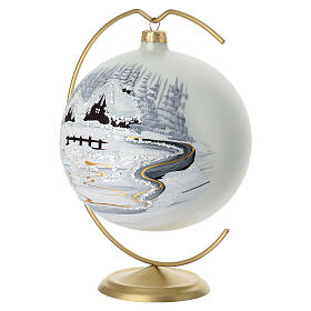 Hand-painted blown glass ball with snowy scene, 24-karat gold details, 6 in, with hook