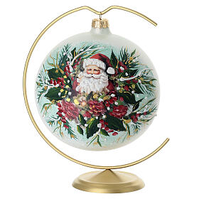 Christmas ball with Santa Claus and flowers, gold details, blown glass with hook, 6 in