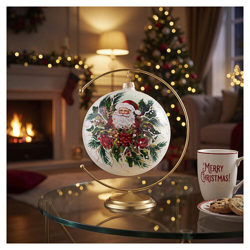 Christmas ball with Santa Claus and flowers, gold details, blown glass with hook, 6 in 2