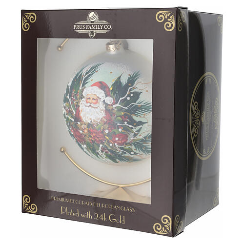 Christmas ball with Santa Claus and flowers, gold details, blown glass with hook, 6 in 6