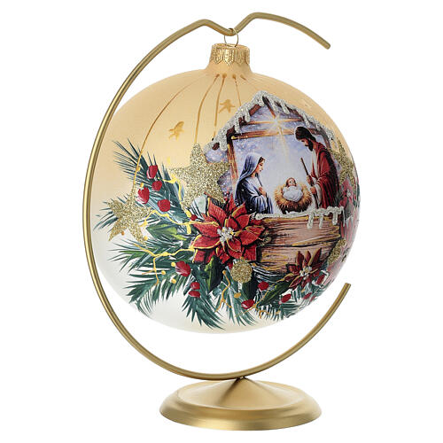 Set mit Weihnachtskugel und Ständer, Motiv Heilige Familie mit 24-Karat-Goldakzenten – Ø 15 cm, mundgeblasenes Glas 3