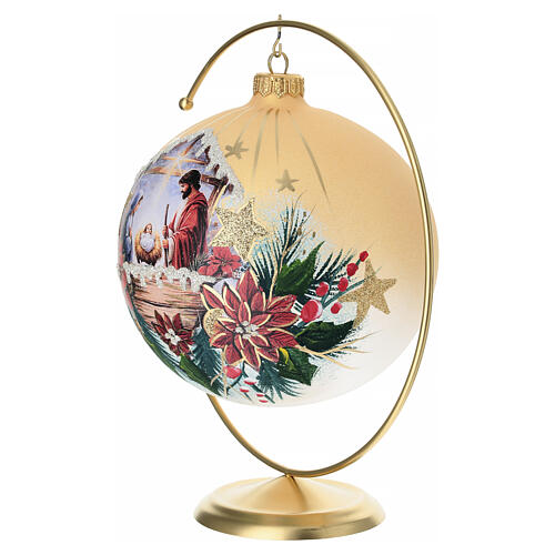 Set mit Weihnachtskugel und Ständer, Motiv Heilige Familie mit 24-Karat-Goldakzenten – Ø 15 cm, mundgeblasenes Glas 3