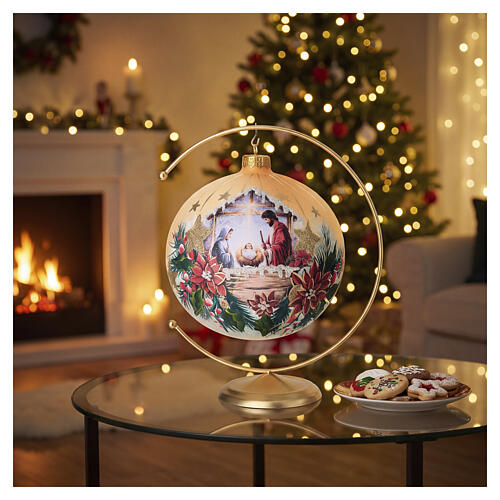 Set with Nativity, gold-plated decoupage on blown glass ball and hook, Christmas ornaments, 6 in 2