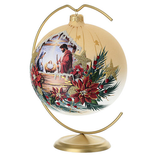 Set bola y gancho navideños Natividad oro puro decoupage vidrio soplado 150 mm 2
