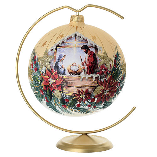Ensemble boule et crochets de Noël Nativité or massif découpage sur verre soufflé 150 mm 1