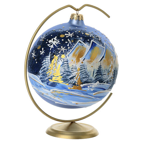 Blown glass ball with mountain landscape, pure gold painting, 6 in 3