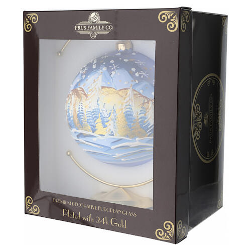 Blown glass ball with mountain landscape, pure gold painting, 6 in 6