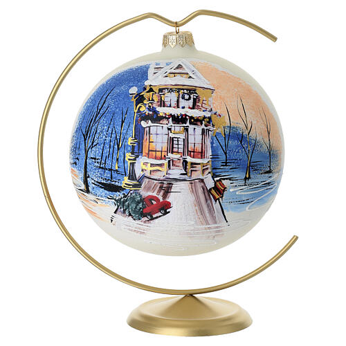 Pallina paesaggio casa natalizia pittura oro zecchino 150 mm vetro soffiato 1