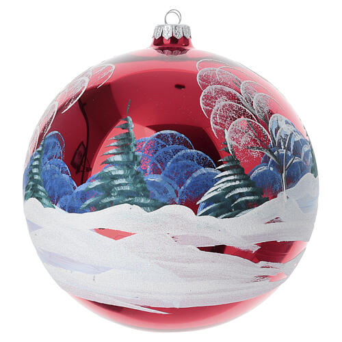 Weihnachtskugel aus mundgeblasenem Glas, glänzend rote Grundfarbe mit handgemalter Winterlandschaft und Weihnachtsmann – Ø 20 cm 4