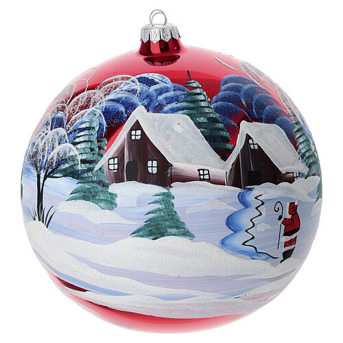 Boule de Noël rouge brillant paysage peint à la main 200 mm verre soufflé 1