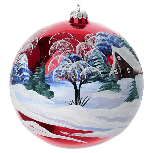 Boule de Noël rouge brillant paysage peint à la main 200 mm verre soufflé 3