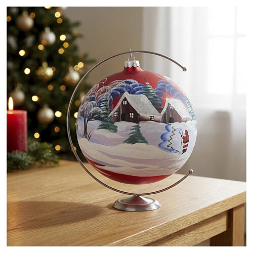 Bola de Natal vermelha brilhante paisagem pintada à mão 200 mm vidro soprado 2