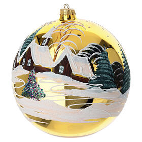 Weihnachtskugel aus mundgeblasenem Glas, glänzend goldene Grundfarbe mit handgemalter Winterlandschaft – Ø 20 cm