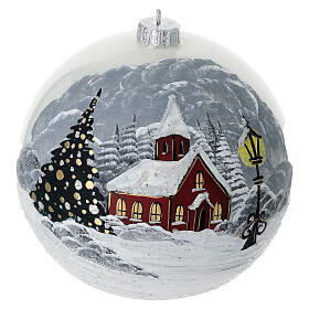 Pearl white ball with painted church, 8 in, blown glass