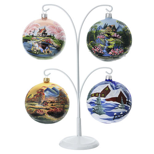 Kit of 4 blown glass balls and display hook, 4 seasons, 4 in 1