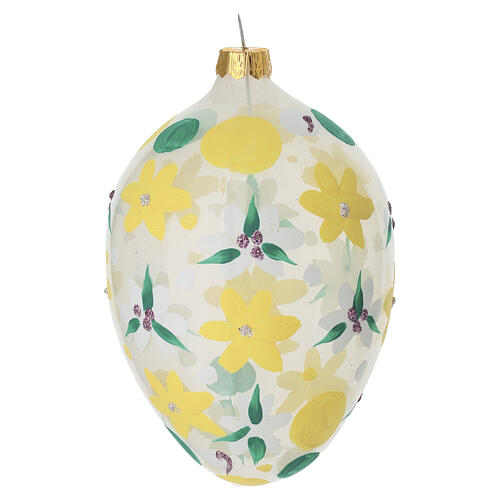 Oval bauble with white and yellow little flowers, blown glass, 3 in 1