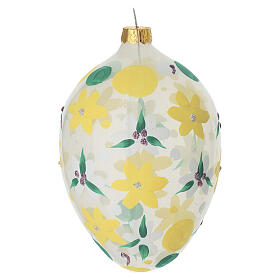 Bola oval flores brancas e amarelas vidro soprado 80 mm