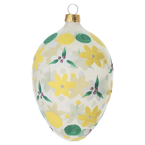 Egg ornament with white and yellow little flowers blown glass, 80 mm 2