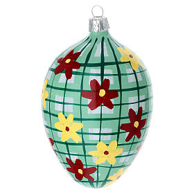 Oval ball with small flowers and squares, blown glass, 3 in