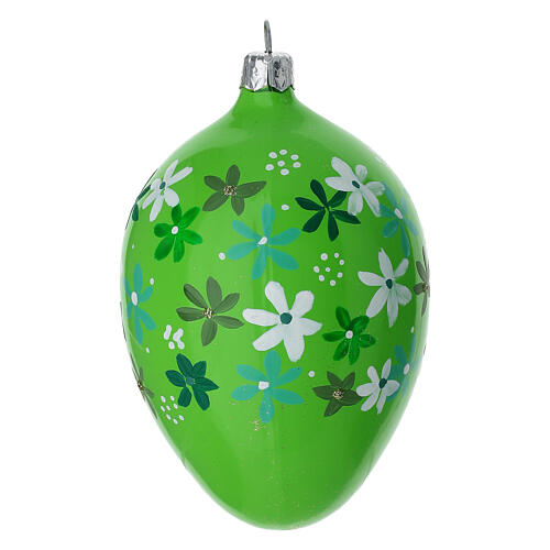 Glaskugel oval, Grün mit Blüten, mundgeblasen, 8 × 13 cm 2