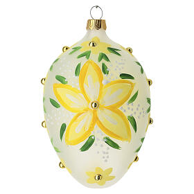 Boule ovale fleurs jaunes et perles dorées en verre soufflé 80 mm