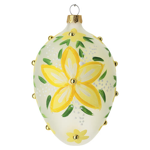 Pallina ovale fiori gialli e perline oro vetro soffiato 80 mm 1