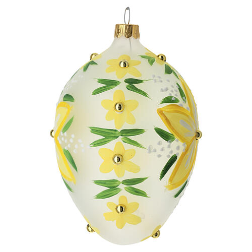 Egg ornament with yellow flowers and gold beads blown glass, 80 mm 2