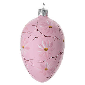 Pink oval ball with flowers and branches, blown glass, 2.5 in
