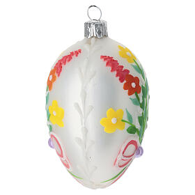 Bola oval com laço e flores coloridas em vidro soprado 60 mm