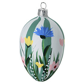 Floral striped blown glass egg bauble, 4x2.5 in