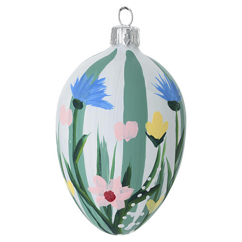 Floral striped blown glass egg bauble, 4x2.5 in 2