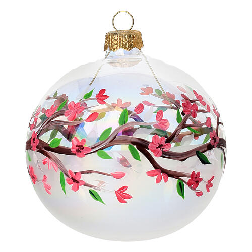 Iridescent spherical ball with peach blossom flowers, blown glass, 4 in 1