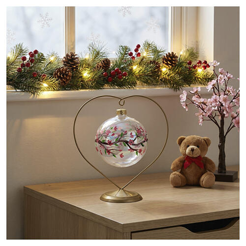 Iridescent spherical ball with peach blossom flowers, blown glass, 4 in 2