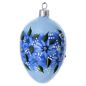 Glaskugel oval, blaue Blüten, mundgeblasen, 10 × 6 cm