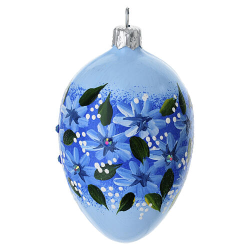 Blue egg-shaped blown glass decoration with flowers, 4x2.5 in 2
