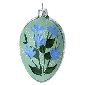 Pastel green oval ball with blue flowers, blown glass, 2.5 in