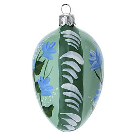 Pastel green oval ball with blue flowers, blown glass, 2.5 in