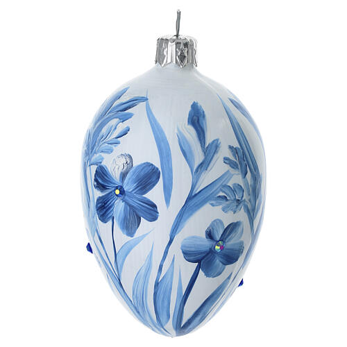 Floral ceramic effect blown glass egg ornament white blue, 100x60 mm 2