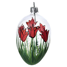 Glaskugel oval, rote Blüten auf transparentem Grund, mundgeblasen, 10 × 6 cm