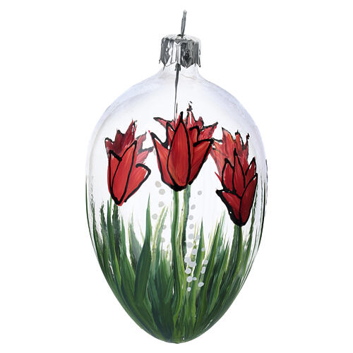 Bola flores vermelhas fundo transparente vidro soprado ovo 100x60 mm 1