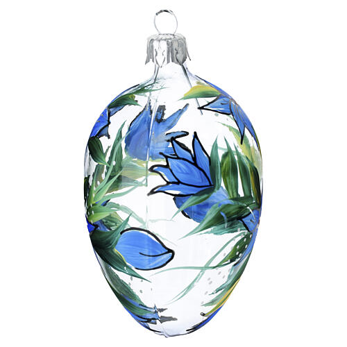 Glaskugel oval, transparente Optik mit blauen Blüten, mundgeblasen, 6 × 10 cm 2