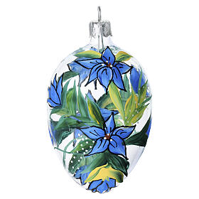 Bola ovalada transparente flores azules vidrio soplado 60 mm