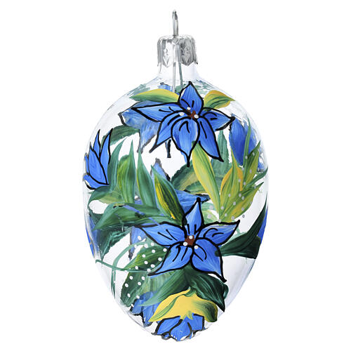 Boule ovale transparente avec fleurs bleues verre soufflé 60 mm 1