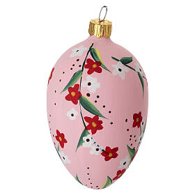 Boule ovale rose avec fleurs blanches et rouges en verre soufflé 60 mm