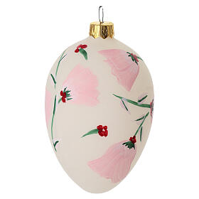 Glaskugel oval, Weiß matt mit rosa Blüten, mundgeblasen, 10 × 6 cm